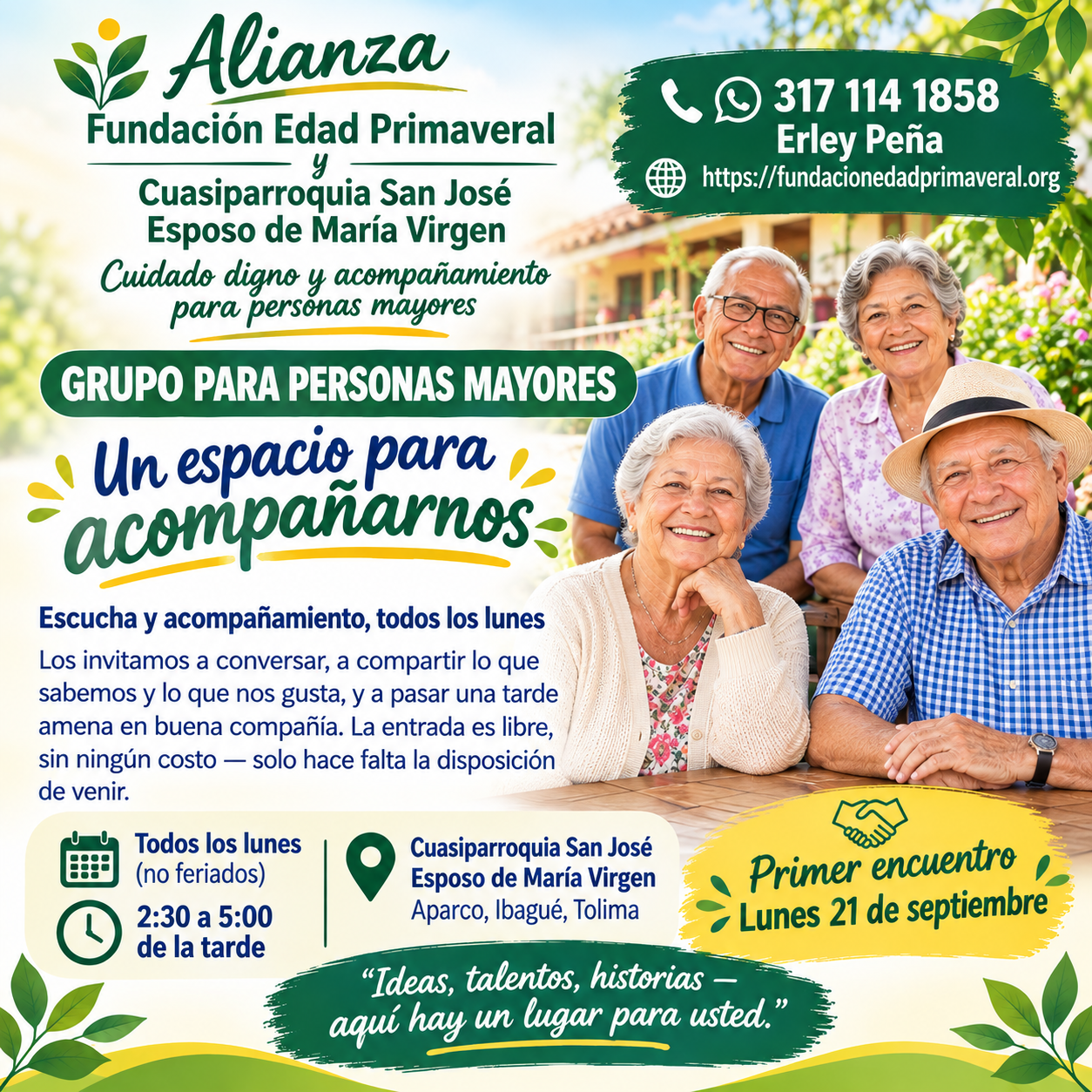 Afiche alianza FEPRIM y Cuasiparroquia San José Esposo de María Virgen — Grupo para personas mayores, Ibagué 2026