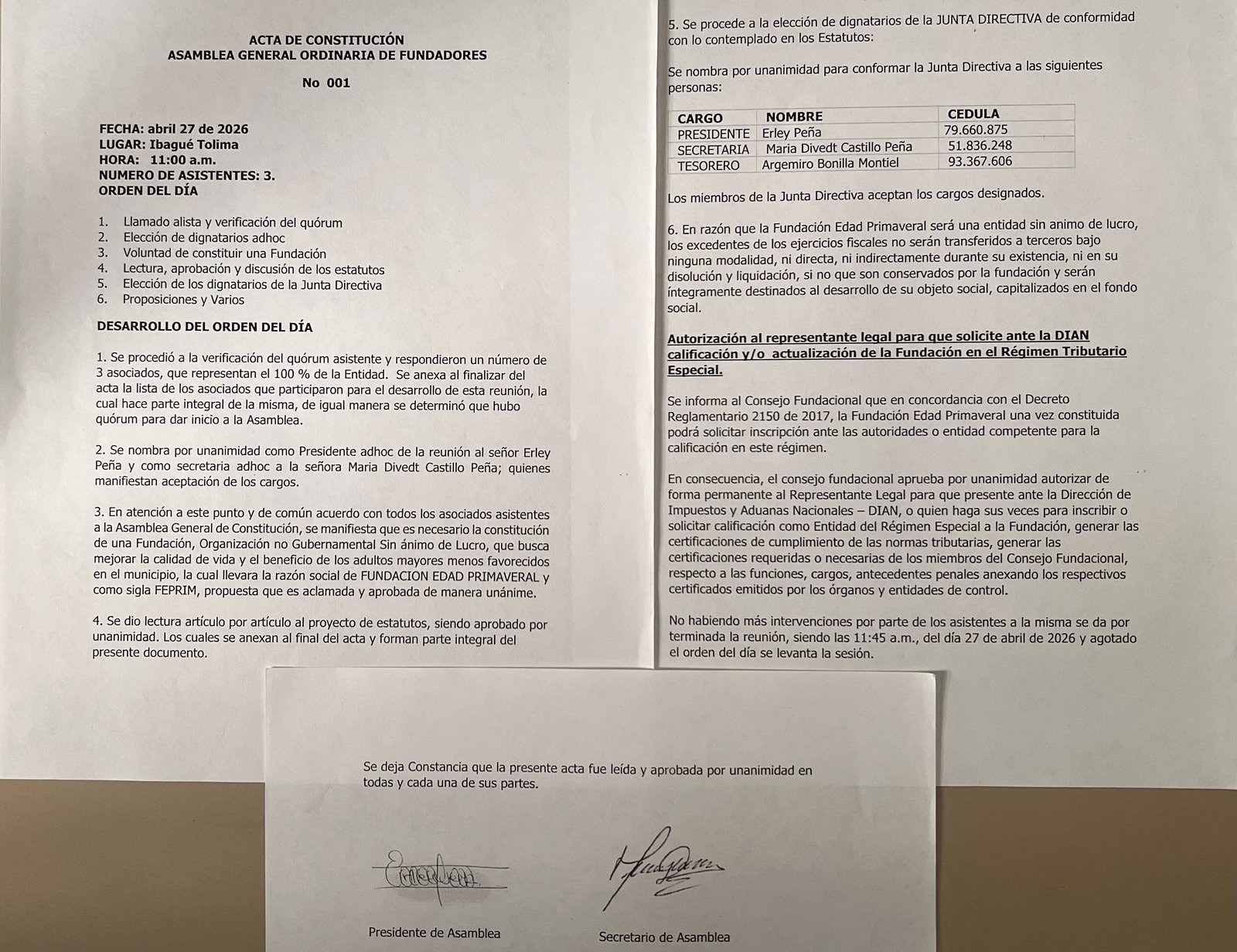 Acta de Constitución No. 001 — Fundación Edad Primaveral, firmada el 27 de abril de 2026